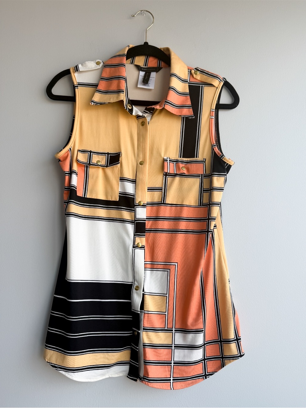 BCBGMaxAzria Sleeveless Geometric Button-Front Tunic in Peach, Black, Cream